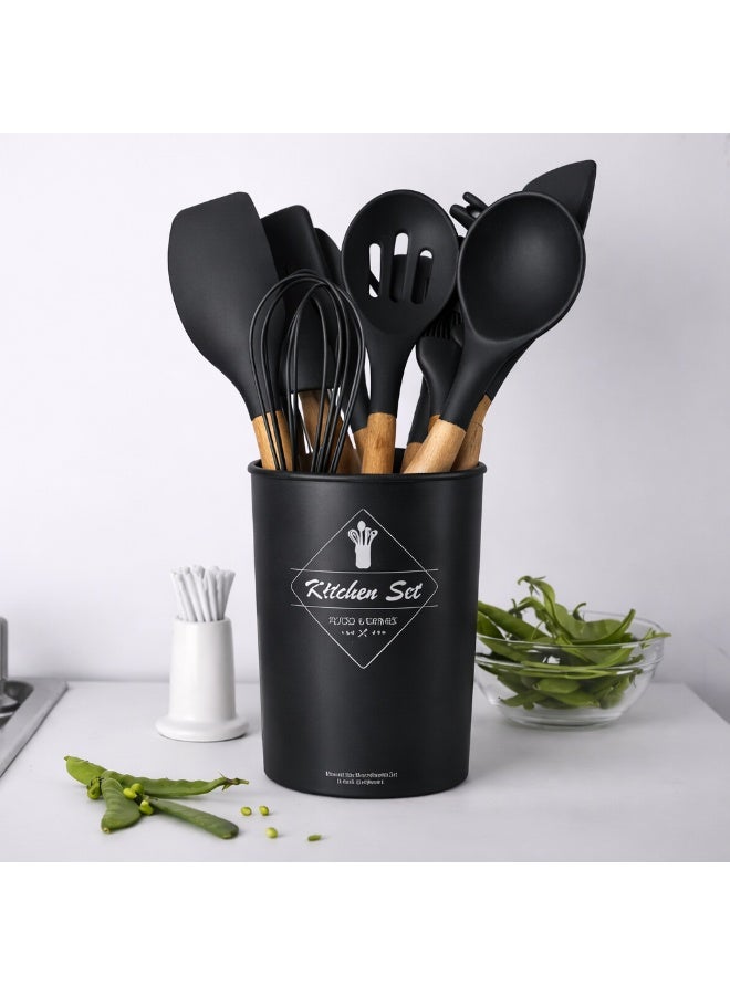 TaimAs Kitchen Utensil Set 12 Pieces Silicone Cooking Tools BPA-Free Heat Resistant Wooden Handle for Nonstick Cookware - Image 3